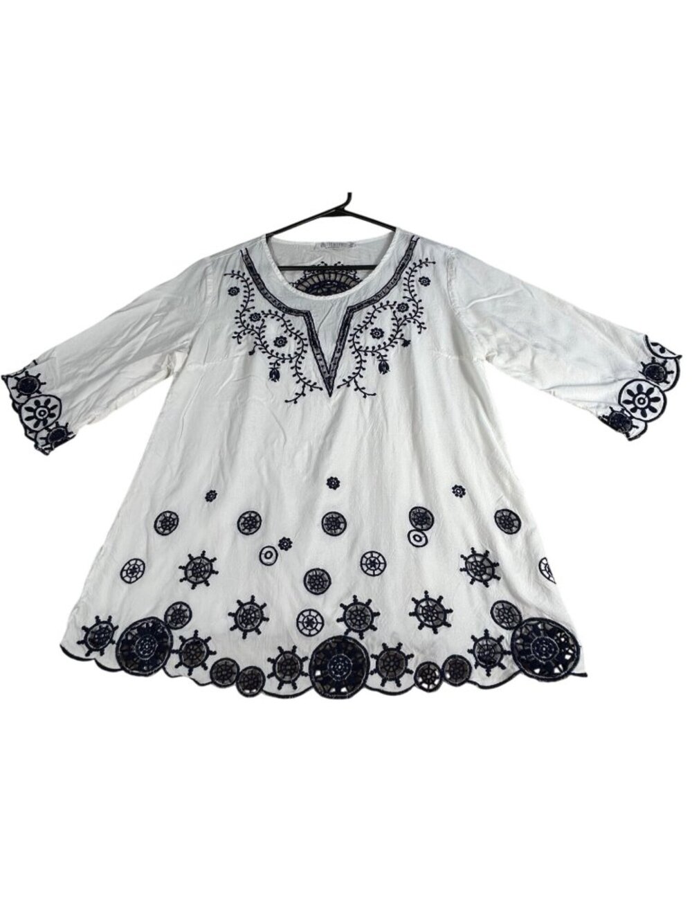 Solitare White Tunic Navy Floral Nautical Sz L 3/4 Sleeves Scalloped Hem Summer